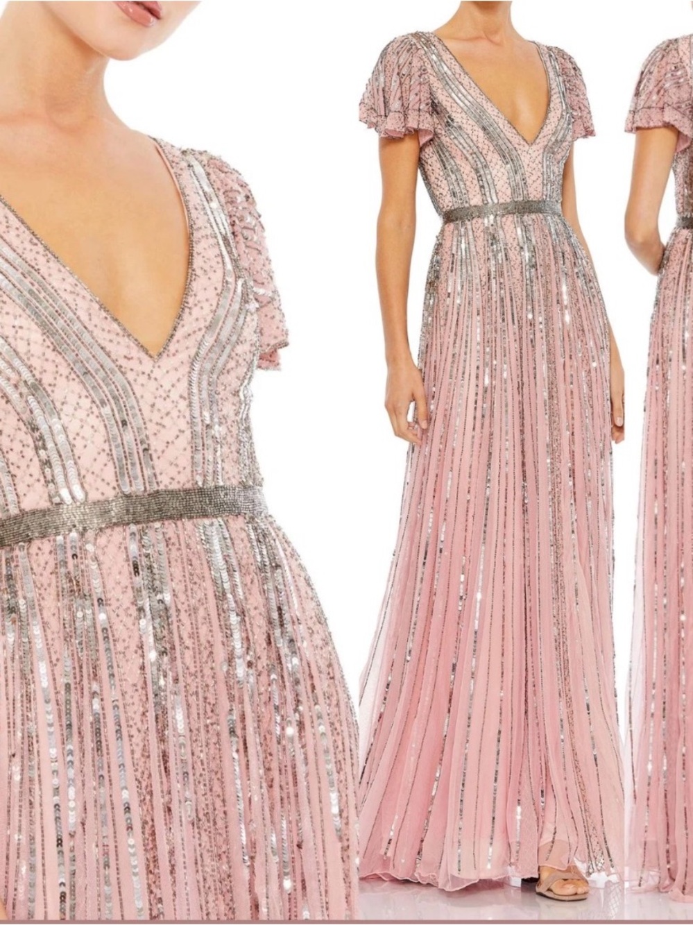 NWT $498 Mac Duggal [ 4 ] Striped Sequined V-Neck A Line Gown Pink